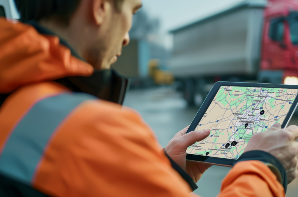 Logistics driver in high-visibility jacket using a tablet with a live map and location pins for real-time fleet tracking and dispatch visibility.