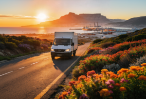 White delivery vehicle travelling towards Cape Town harbour at sunrise, representing scaling logistics operations with improved fleet visibility and control.