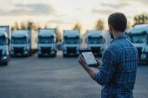 Logistics professional using a tablet to manage fleet operations, with delivery trucks lined up at a distribution centre, supporting an article on scaling logistics operations.